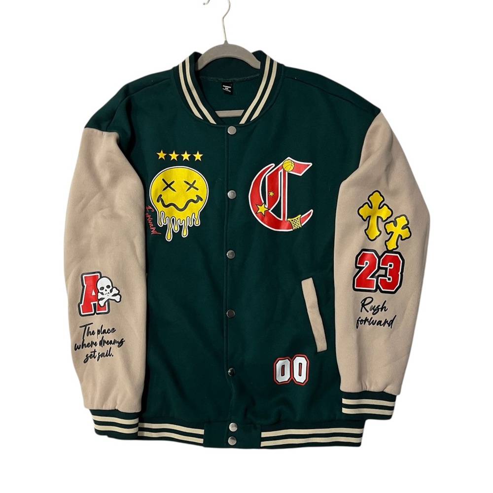 Stylish Men's Varsity Bomber Jacket - Green and Tan